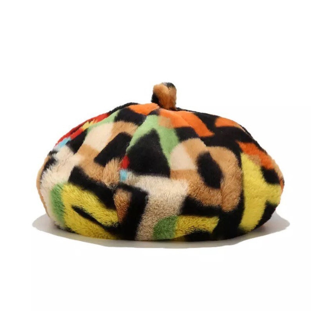 BP. FAUX FUR PLUSH BERET ALPHABET GRAFFITI PRINT OS NWT